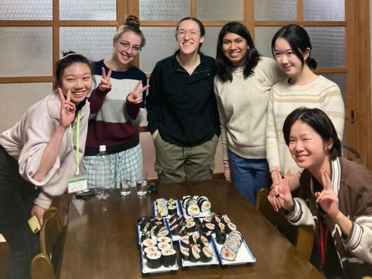 Posing with homemade sushi during their homestay in Japan are Lavender Wong, left, Natalie Thimot, Chloe McLeod, Vandhana Kammampati, Jasmin Wang and Autumn Cleymans.