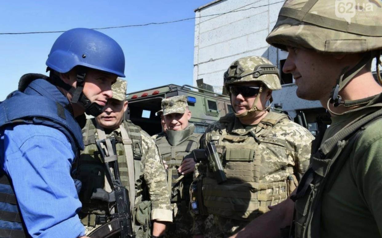 Gavin Williamson with troops in the contested region of Ukraine. September 18th 2018.