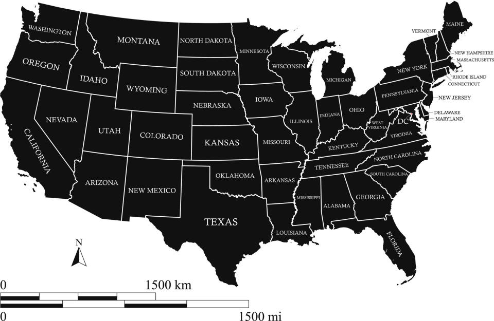 Map of the United States of America with each state's name