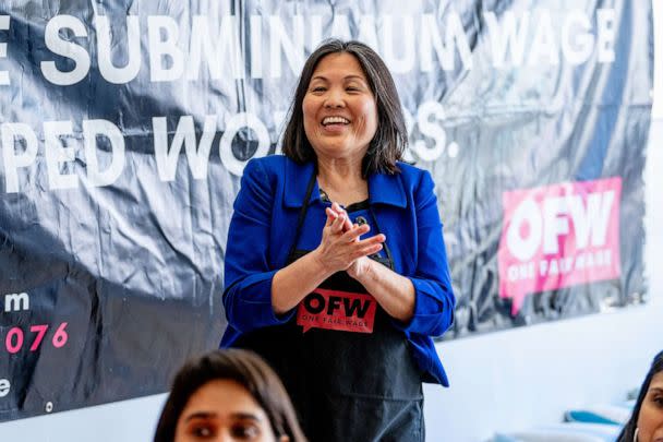 PHOTO: Deputy Labor Secretary Julie Su speaks during a Learn About Worker Experiences event at the Skal restaurant in Brooklyn, April 11, 2022, in New York City. (Roy Rochlin/Getty Images for One Fair Wage)