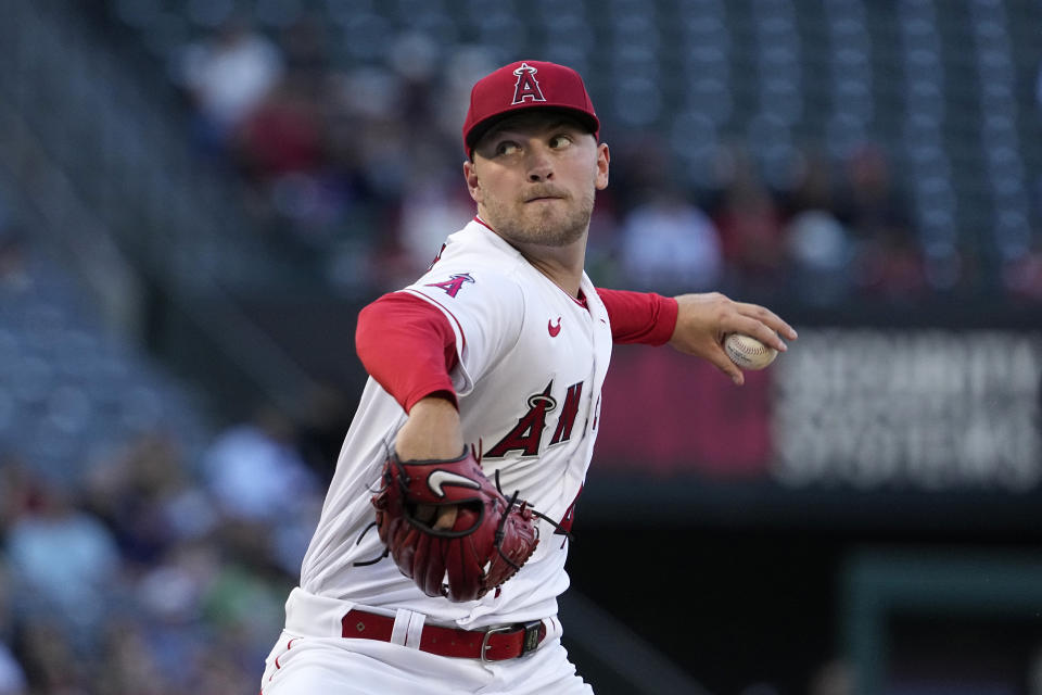 Los Angeles Angels starting pitcher Reid Detmers throws to the plate during the second inning of a baseball game against the Chicago Cubs Thursday, June 8, 2023, in Anaheim, Calif. (AP Photo/Mark J. Terrill)