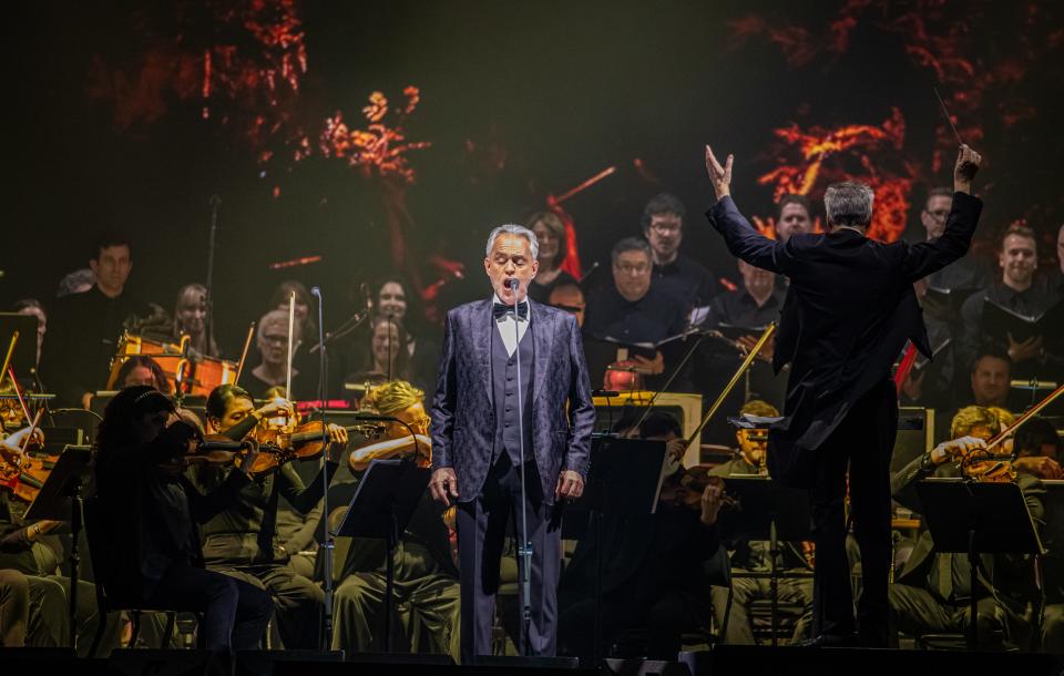 Andrea Bocelli performs at Fiserv Forum with the Milwaukee Symphony Orchestra on Saturday, April 6, 2024.