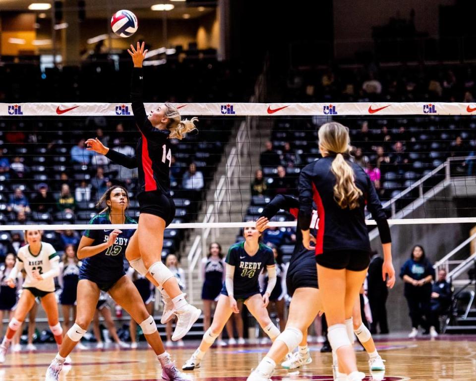 Panthers setter Morgan Howard opts to attack at the net during the 5A state final between Colleyville Heritage and Frisco Reedy at the Curtis Culwell Center in Garland on November 19th, 2022.