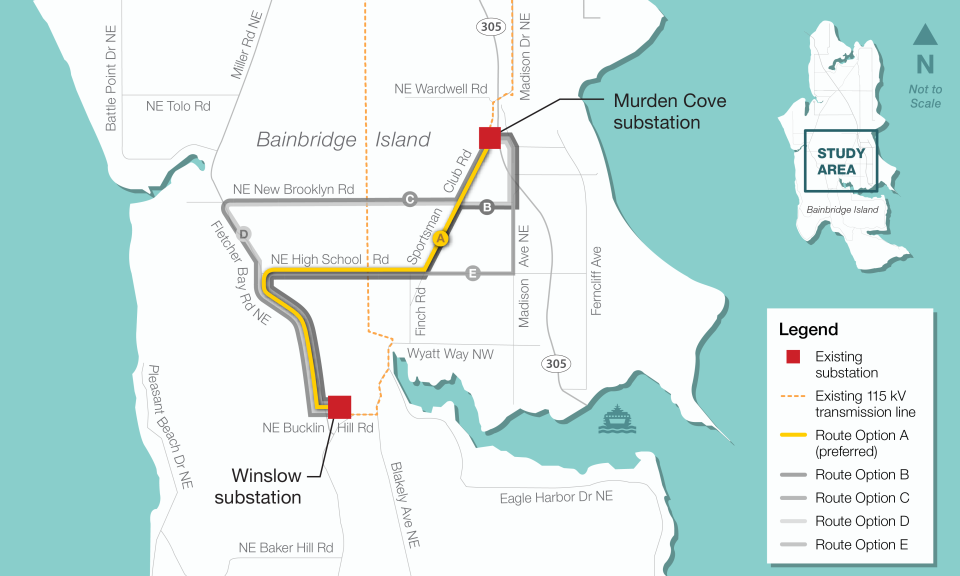 A graphic showing the selected route for Puget Sound Energy's new transmission line on Bainbridge Island.