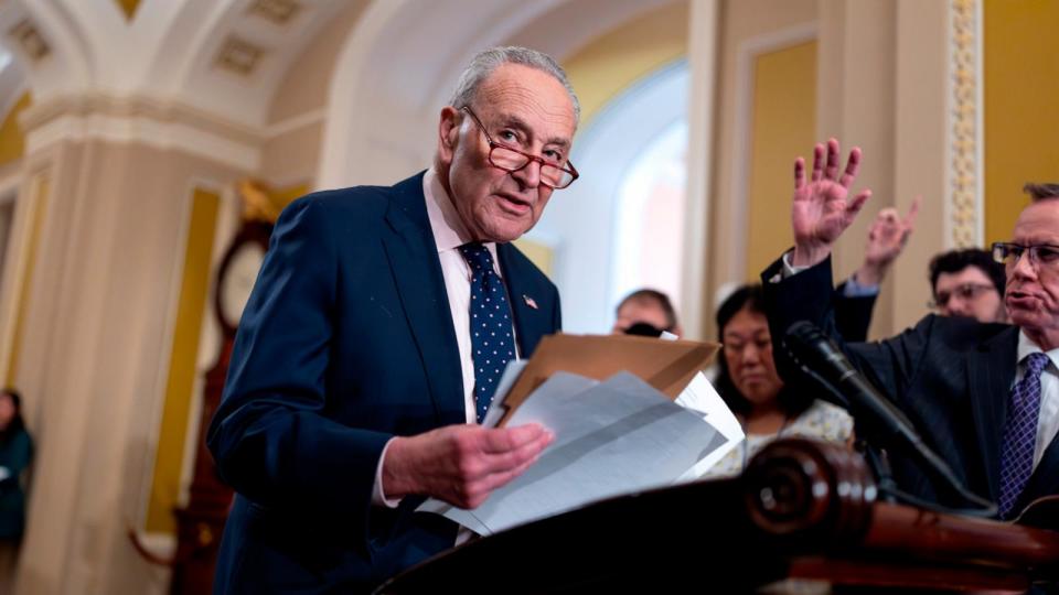 PHOTO: Senate Majority Leader Chuck Schumer speaks to reporters following a Democratic strategy session, at the Capitol, May 21, 2024.  (J. Scott Applewhite/AP)