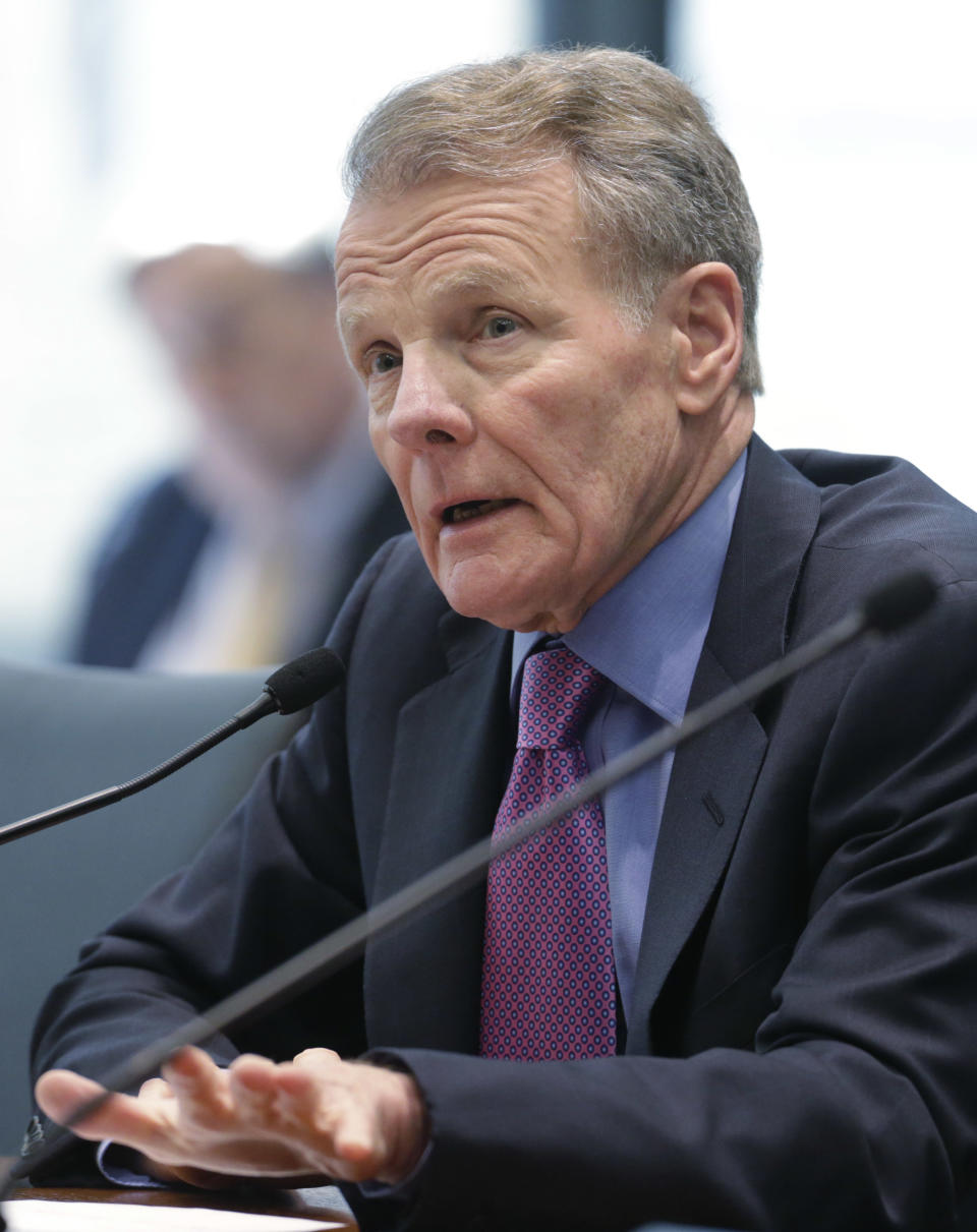 Illinois House Speaker Michael Madigan appears before an Illinois House committee meeting Thursday, April 17, 2014, in Chicago, regarding a plan to devote $100 million in state funds to help bring President Barack Obama's presidential museum and library to Chicago. Madigan and Mayor Rahm Emanuel were among several officials who spoke in favor of the funding. The $100 million for construction costs would be part of a new capital construction plan, which the Legislature still must approve. (AP Photo/M. Spencer Green)