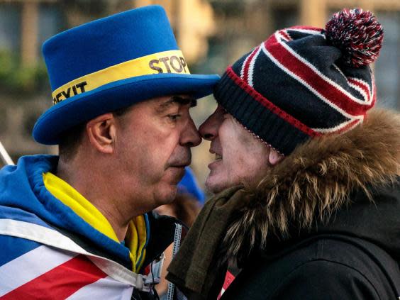 Bray argues with a pro-Brexit protester outside parliament in January (Getty)