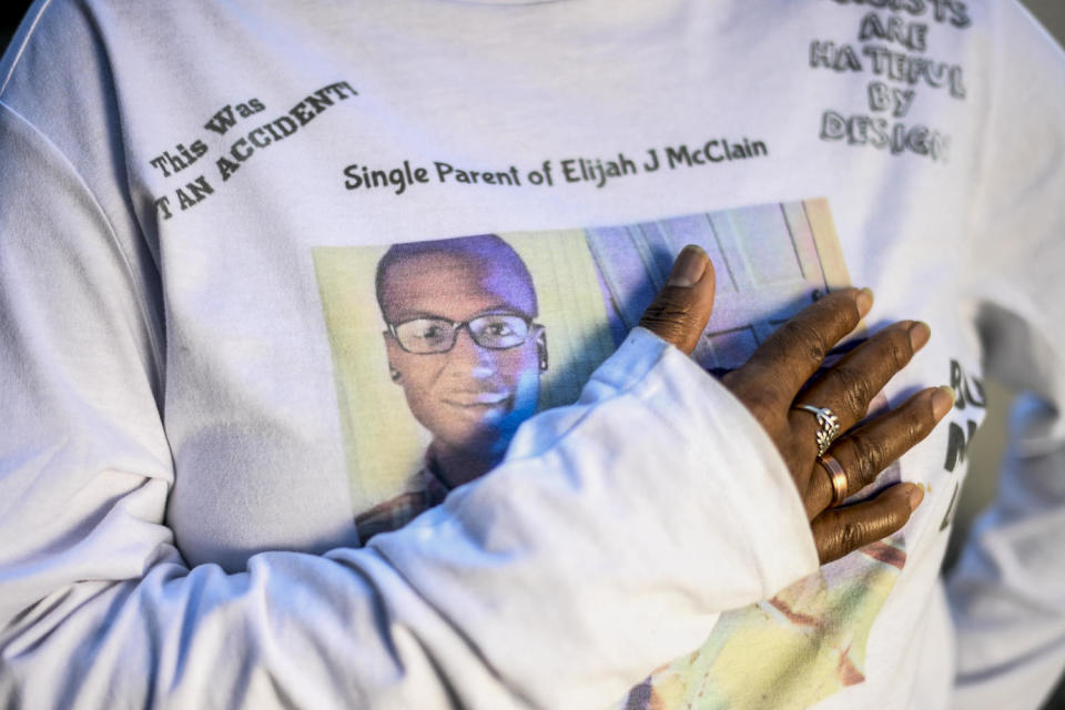 Sheneen McClain stands at the site where her son Elijah was killed in Aurora, Colo., on Aug. 18, 2021.  (AAron Ontiveroz / Denver Post via Getty Images file)