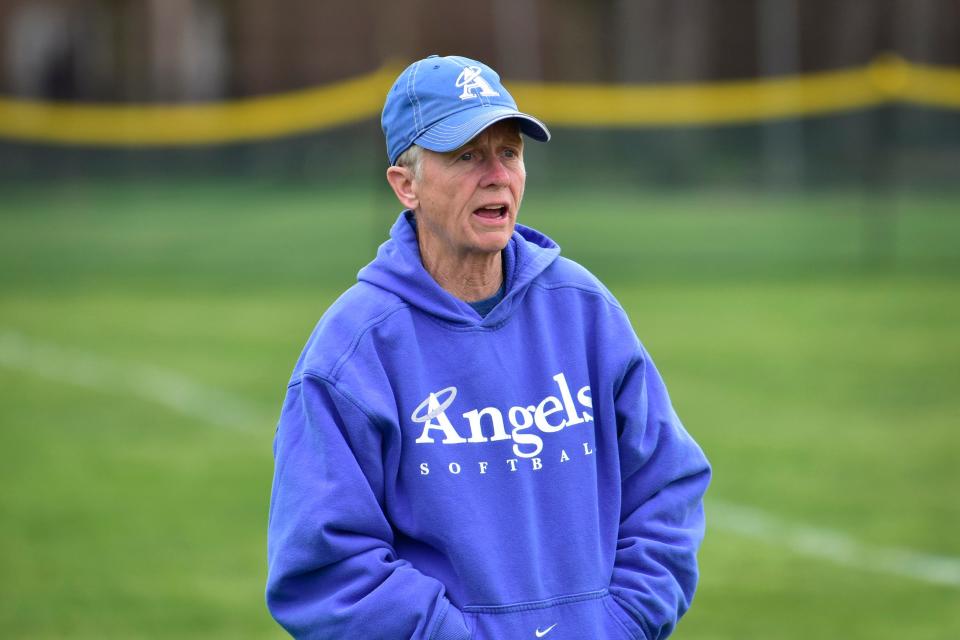 Holy Angels head coach Sue Liddy is seen as her team plays against Tenafly Tigers in the second inning during their softball game at Tenafly High, Monday on 04/25/22.