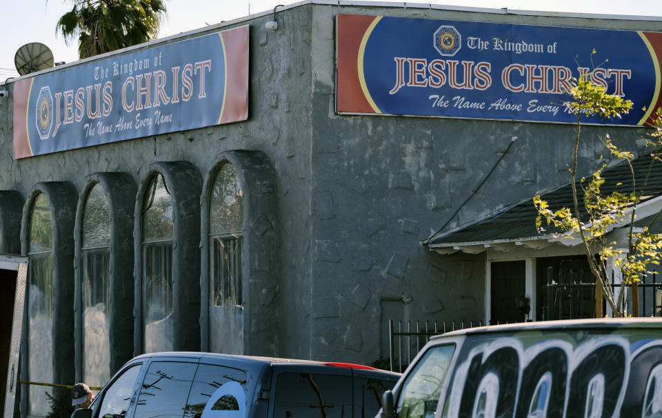 The front of the Kingdom of Jesus Christ Church is seen in the Van Nuys section of Los Angeles on Wednesday, Jan. 29, 2020. The FBI raided a Philippines-based church in Los Angeles to arrest leaders of an alleged immigration fraud scheme that resulted in sham marriages. Federal prosecutors said Wednesday that three leaders of the local branch of the Kingdom of Jesus Christ were arrested in morning raids. (AP Photo/Richard Vogel)