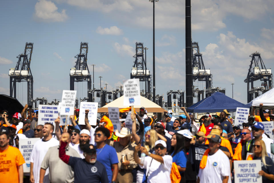 Cranes usually running day and night are shut down during a strike by ILA members at the Bayport Container Terminal on Oct. 1, 2024, in Houston. (AP Photo/Annie Mulligan, File)