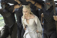 <p>Previously, Daenerys was wearing a lot of white and light grey during her sojourn in Meereen. “She’s got this sense of power and also a sense of immortality,” Clapton explained to <a rel="nofollow noopener" href="https://fashionista.com/2015/06/game-of-thrones-season-5-costume-designer-interview" target="_blank" data-ylk="slk:Fashionista;elm:context_link;itc:0;sec:content-canvas" class="link ">Fashionista</a>. It also makes her appear even more regal and untouchable. “The idea behind the white and pale grey is the sense of removal, a removal from reality.”<br><br>(Photo Credit: HBO) </p>