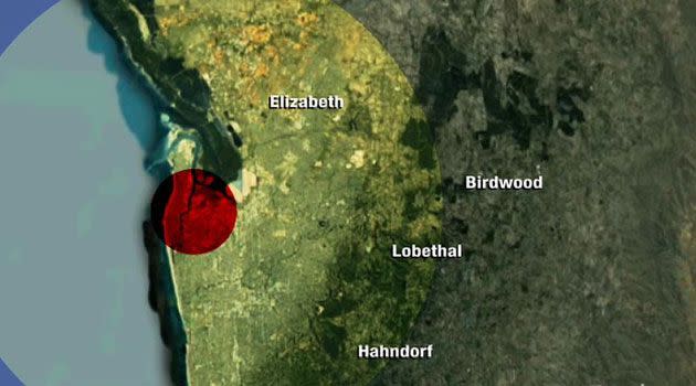 A map showing the possible blast radius if the fertiliser plant at Port Adelaide exploded. Image: 7News