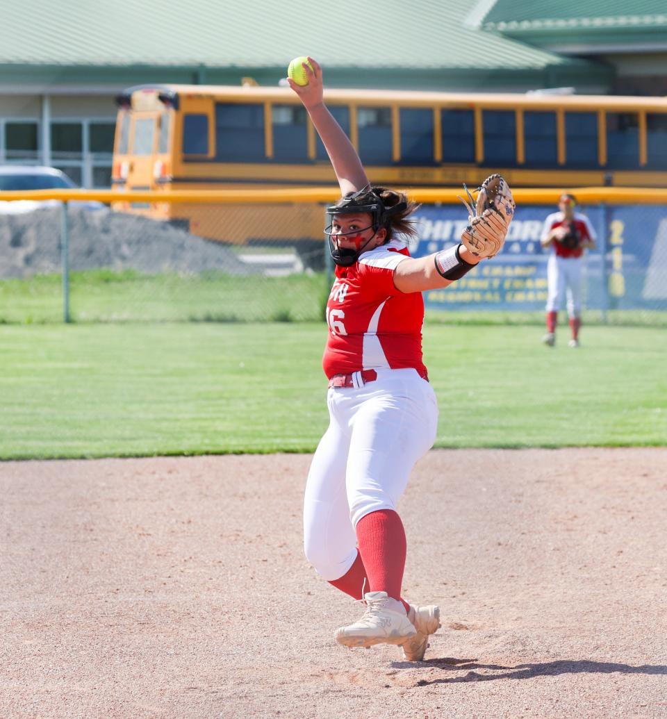 Mariah Stines pitches for Milan against Whiteford Thursday.