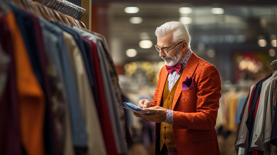 A well-dressed customer trying on a fashionable garment from the company's retail shops.