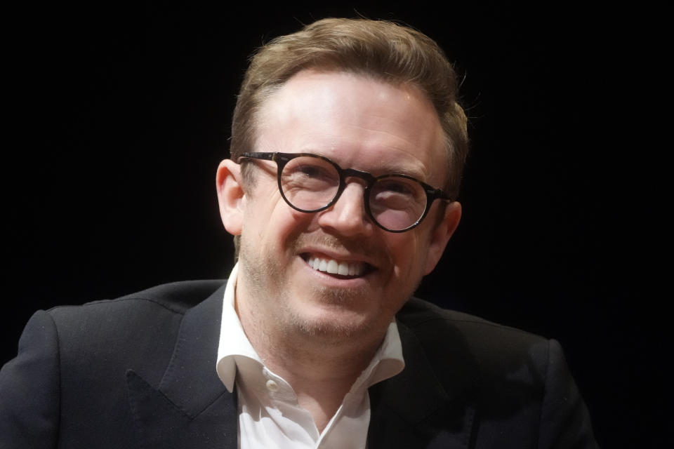 Maestro Daniel Harding, the new music director of Rome's Santa Cecilia orchestra, smiles during a press conference on the occasion of his presentation to media in Rome, Monday, March 6, 2023. (AP Photo/Gregorio Borgia)