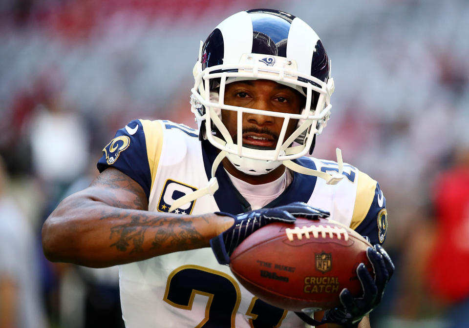 Rams CB Aqib Talib dropped an F bomb on live television Saturday night, after Los Angeles’ divisional round playoff win over Dallas. (Getty Images)