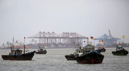 Fishing trawlers are seen in front of the Jawaharlal Nehru Port Trust (JNPT) in Mumbai, July 31, 2015. REUTERS/Shailesh Andrade/File Photo