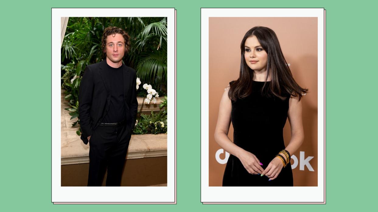  Jeremy Allen White Selena Gomez headshots on a green background 