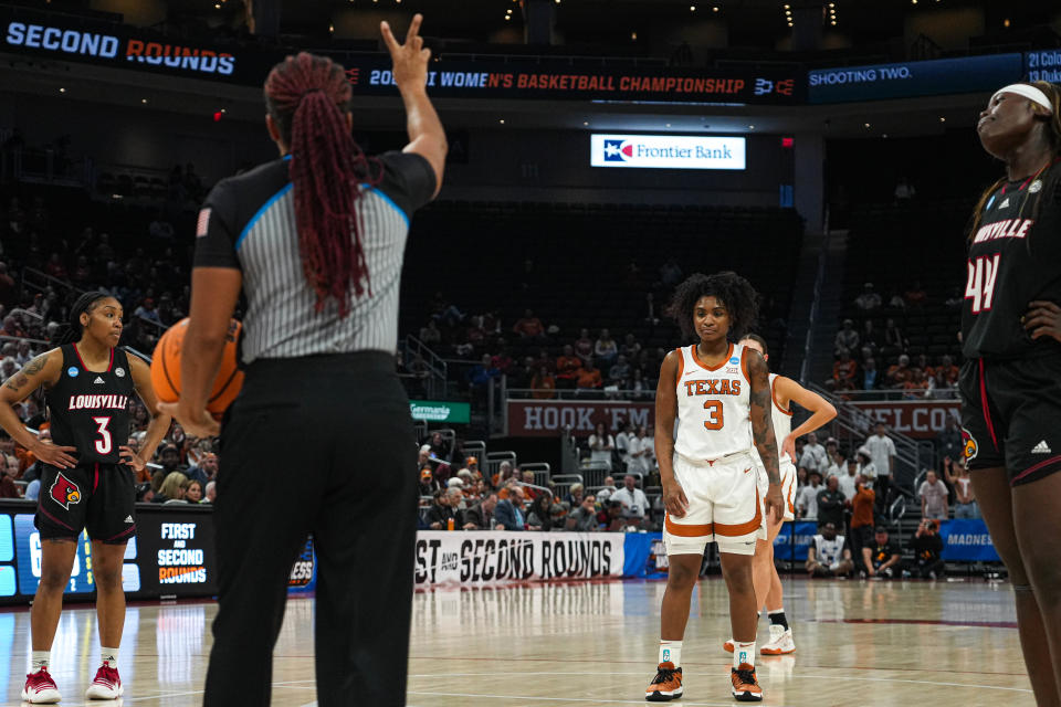 Texas' Rori Harmon lines up for a free throw during the Longhorns' second-round loss to Louisville in the NCAA Tournament. She averaged 36 minutes a game last season, including 10 games where she played all 40 minutes. "Forty is crazy," UT teammate Shay Holle said. "She's exhausted after games."