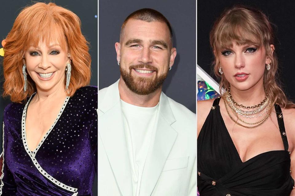 <p>Gilbert Flores/Variety via Getty; JC Olivera/Getty; John Nacion/WireImage</p> Reba McEntire, Travis Kelce, Taylor Swift