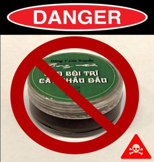 Due to the risk of lead poisoning, the OC Health Care Agency (HCA) urges users of the Vietnamese hemorrhoid ointment called Cao Bôi Trĩ Cây Thầu Dầu (Castor Oil Hemorrhoid Extract) to immediately stop using the ointment and to get their blood tested for lead. The alert follows the death of a woman in Sacramento who developed severe lead poisoning after using the ointment, according to the California Department of Public Health (CDPH). The CDPH said the ointment, purchased in Vietnam and shipped to the US, contained 4% (four percent) lead. Exposure to any amount of lead can be harmful.