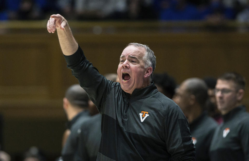 Virginia Tech head coach Mike Young directs his team during the second half of an NCAA college basketball game against Duke in Durham, N.C., Wednesday, Dec. 22, 2021. (AP Photo/Ben McKeown)