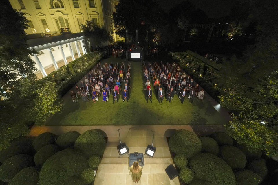 First lady Melania Trump speaks on the second night of the convention from the Rose Garden of the White House, Tuesday, Aug. 25, 2020, in Washington. (AP Photo/Evan Vucci)