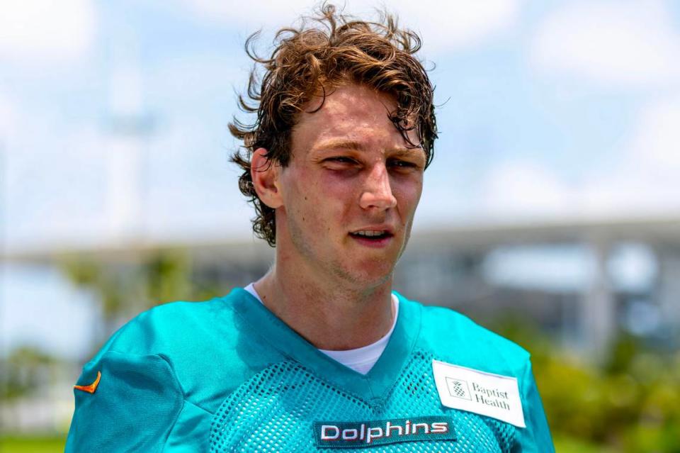 Undrafted cornerback Ethan Bonner (38) speaks to the media during 2023 Miami Dolphins Rookie Minicamp at Baptist Health Training Complex in Miami Gardens, Florida, on Friday, May 12, 2023.