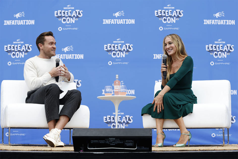 Award-winning actor, producer and businesswoman Sarah Jessica Parker talks with Infatuation Editorial Lead Brant Cox at The Infatuation's EEEEEATSCON New York presented by Chase Sapphire at Forest Hills Stadium, Saturday, Oct. 7, 2023, in New York.