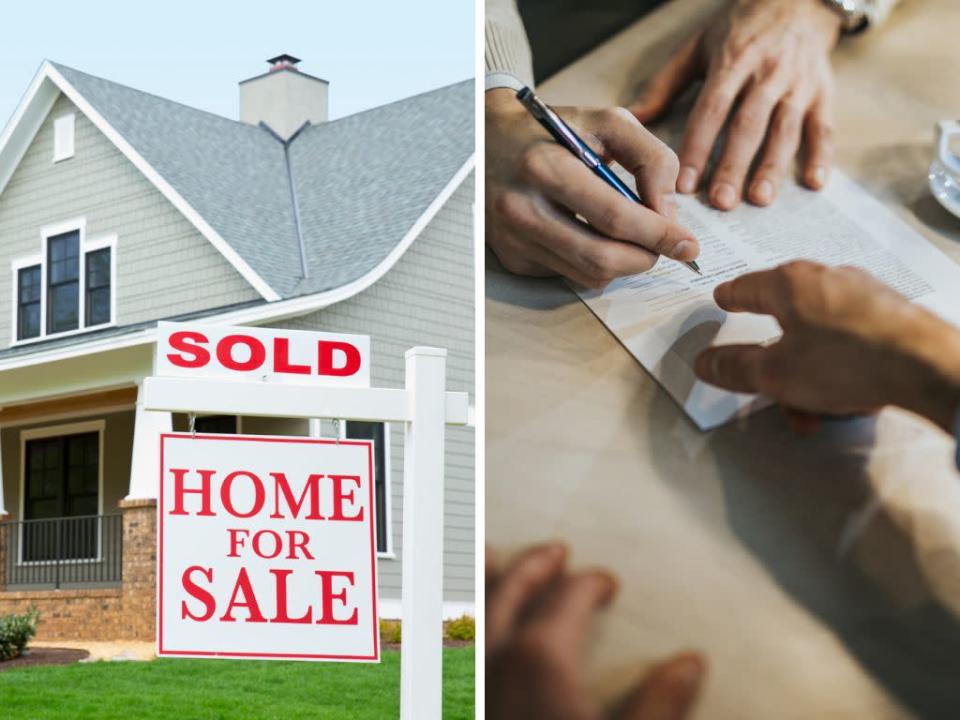 A photo of a 'home for sale' sign and a contract being signed.
