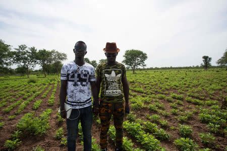 Local activists and would-be migrants Moussa Kebe (L) and Ousmane Thiam (R) pose for a photo on a farm in Goudiry, Senegal, September 5, 2016. REUTERS/Mikal McAllister