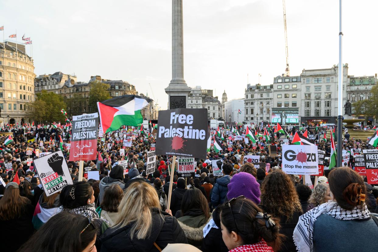 Protesters at a Pro-Palestine rally calling for a ceasefire of the ongoing military offensive of Gaza by Israeli defence forces. Trafalgar Square, Lon