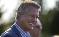 Republican congressman Roger Marshall of Kansas' 1st congressional district, speaks with supporters at his election night party at Rosewood Winery near Pawnee Rock, Ks., on Tuesday, Aug. 4, 2020. Marshall is running against former Kansas Secretary of State Kris Kobach for the Republican nomination to replace retiring Kansas senator Pat Roberts. (Travis Heying/The Wichita Eagle via AP)