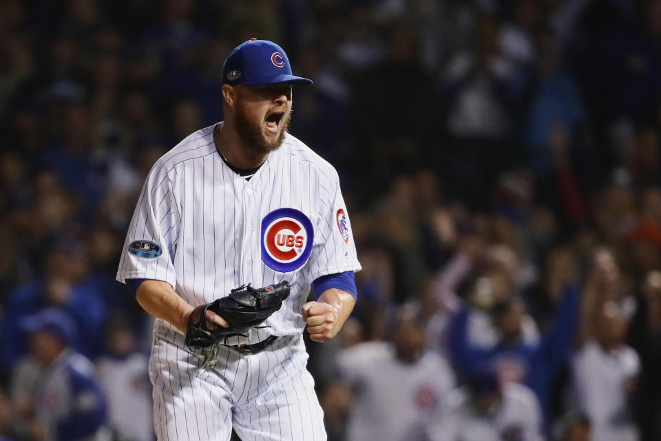 CHICAGO, IL – OCTOBER 02: Jon Lester #34 of the Chicago Cubs reacts after striking out Matt Holliday #7 of the Colorado Rockies (not pictured) for the third out in the sixth inning against the Colorado Rockies during the National League Wild Card Game at Wrigley Field on October 2, 2018 in Chicago, Illinois. (Photo by Jonathan Daniel/Getty Images)