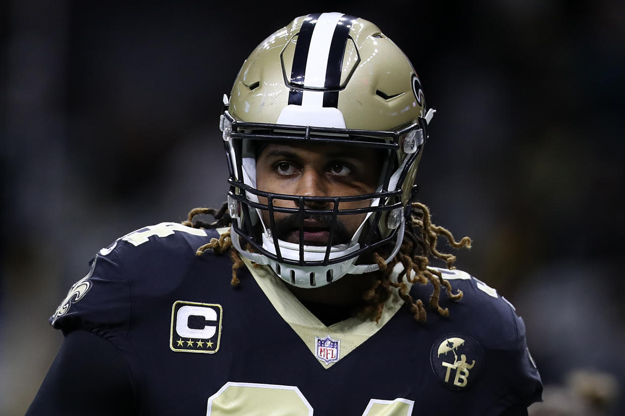 Saints defender Cam Jordan wore his anger at the NFL on his shirt before Sunday’s Pro Bowl. (Getty)