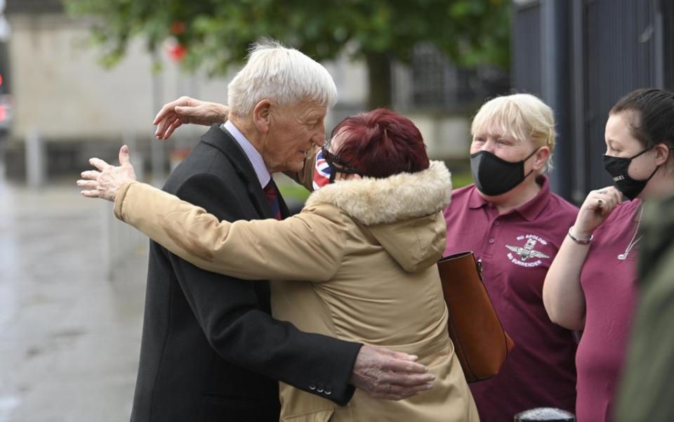 Dennis Hutchings is greeted by supporters at an earlier hearing of his trial at Belfast Crown Court (Mark Marlow/PA) (PA Wire)