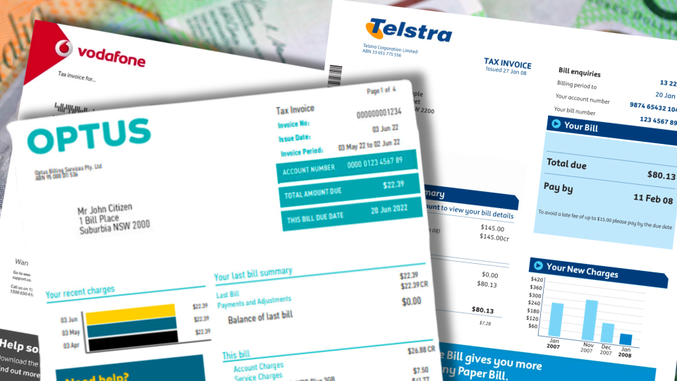 Optus Vodafone and Telstra phone bills on an Australian currency background. 