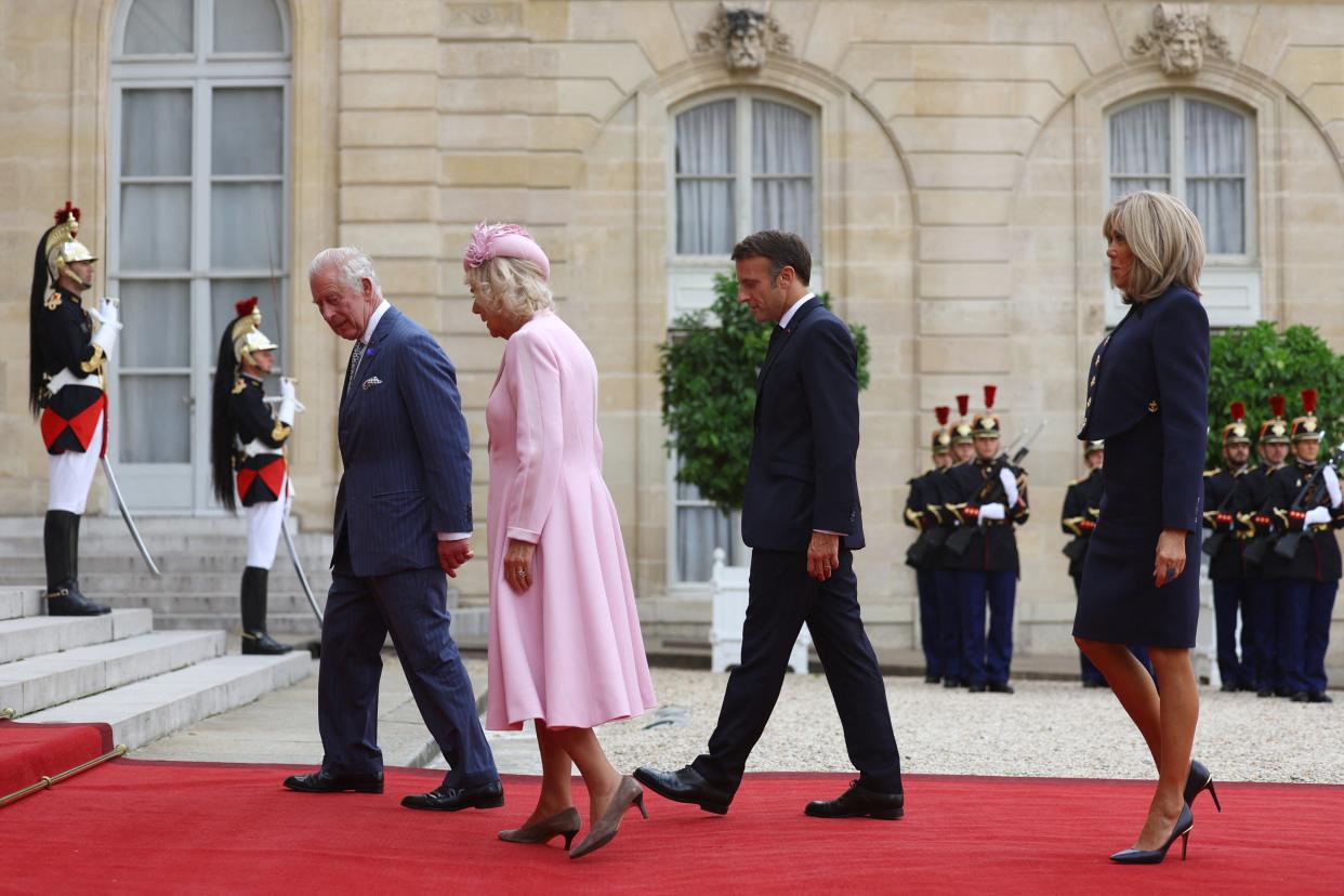 King Charles III and Queen Camilla with French President Emmanuel Macron and wife Brigitte, at the Elysee Palace, Paris, for a meeting, during the state visit to France (Hannah McKay/PA Wire)