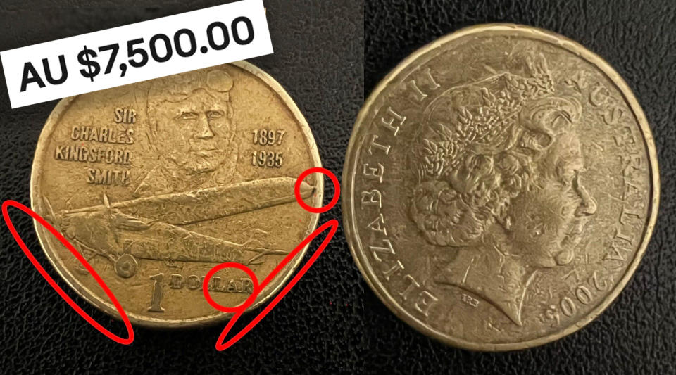 A damaged $1 coin with red circles showing where 'errors' are worth value.