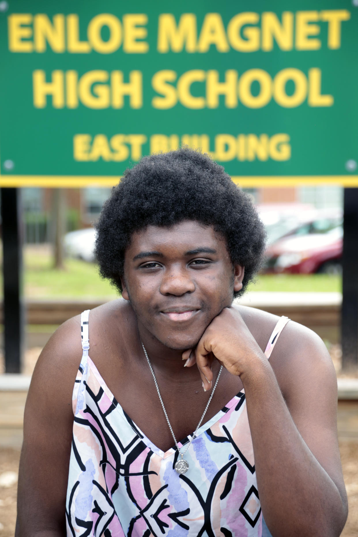 Graduating senior from Enloe High School Malika Mobley has concerns about proposed increases in police presence in schools following the recent Texas school shooting, Thursday, June 3, 2022, in Raleigh, N.C. To reassure students and educators following the mass shooting at a Texas elementary school, districts around the country pledged to boost security measures and increased the presence of law enforcement on campus. (AP Photo/Chris Seward)