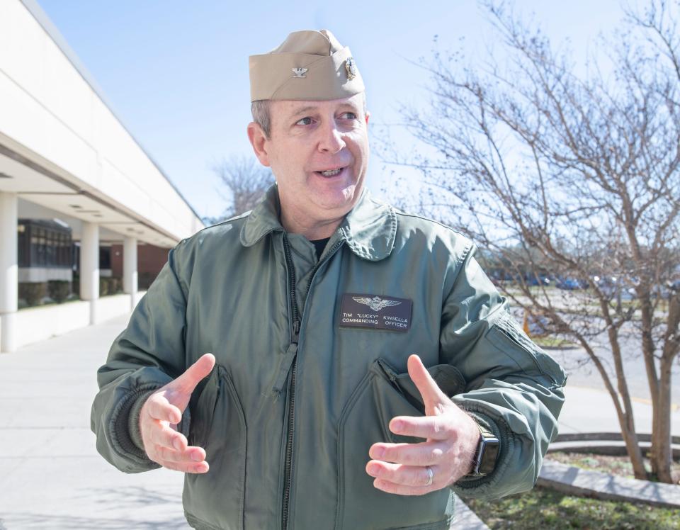 Capt. Tim Kinsella, the base's commanding officer, talks about the active shooter crisis training exercise at NAS Pensacola on Tuesday, Feb. 2, 2021.  This is the first wide-scale active shooter training to happen on base since the attack itself more than a year ago.