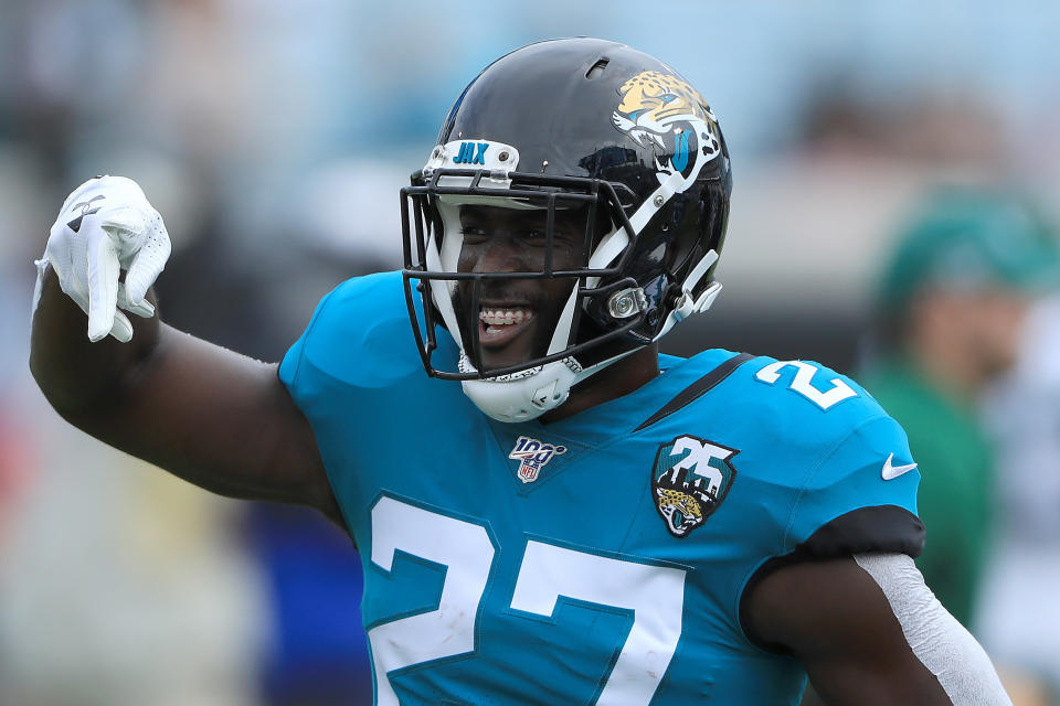 JACKSONVILLE, FLORIDA - OCTOBER 27: Leonard Fournette #27 of the Jacksonville Jaguars smiles during the game against the New York Jets at TIAA Bank Field on October 27, 2019 in Jacksonville, Florida. (Photo by Sam Greenwood/Getty Images)