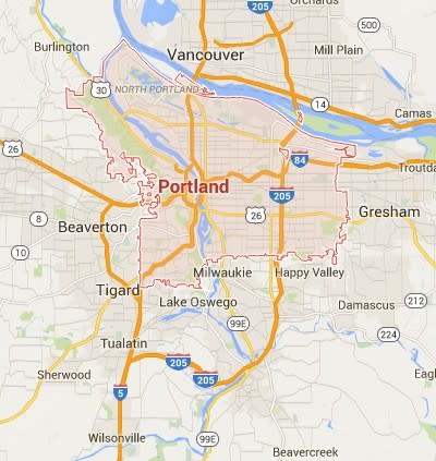 A map of Portland. East Portland is generally considered the area east of I-205. (Google Maps)