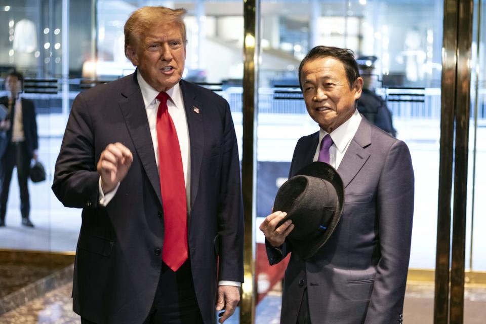Former President Donald Trump meets with former Japanese Prime Minister Taro Aso in New York on April 23, 2024. <a href="https://newsroom.ap.org/detail/APTOPIXElection2024Trump/8f39b0eb82514c5c8f4c8023d2988d22/photo?Query=Trump%20Aso&mediaType=photo&sortBy=creationdatetime:desc&dateRange=Anytime&totalCount=22&currentItemNo=0" rel="nofollow noopener" target="_blank" data-ylk="slk:AP Photo/Craig Ruttle;elm:context_link;itc:0;sec:content-canvas" class="link ">AP Photo/Craig Ruttle</a>