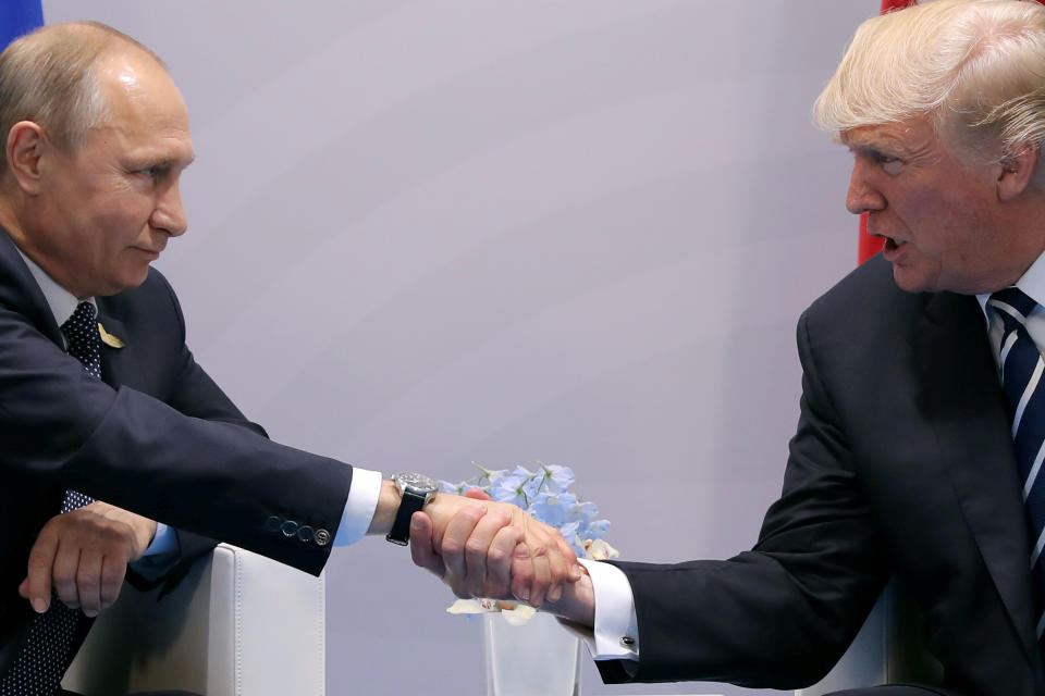 Trump shakes hands with&nbsp;Russian President Vladimir Putin during the their bilateral meeting at the G-20 summit in Hamburg, Germany, on July 7, 2017.&nbsp; (Photo: Carlos Barria / Reuters)