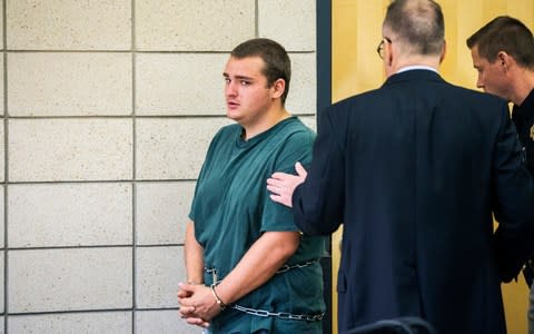 Collin Daniel Richards makes his initial court appearance after being charged with the murder of Iowa State golfer Celia Barquin Arozamena - Credit: The Des Moines Register/Kelsey Kremer