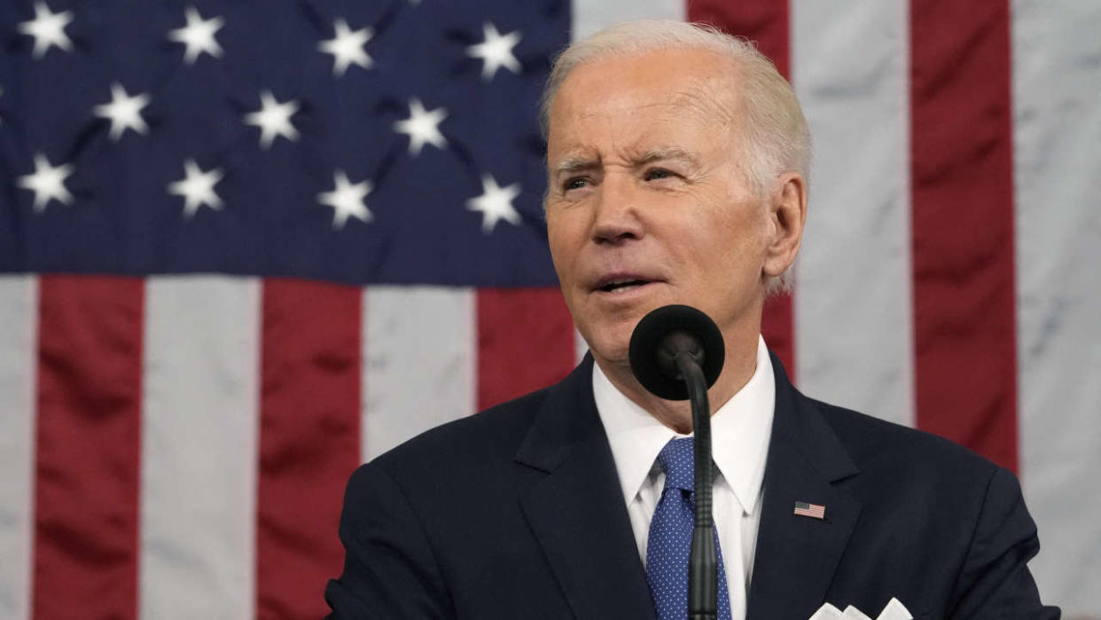 US President Joe Biden delivers the State of the Union address in the House Chamber of the US Capitol in Washington, DC, on February 7, 2023. (Photo by Jacquelyn Martin / POOL / AFP)