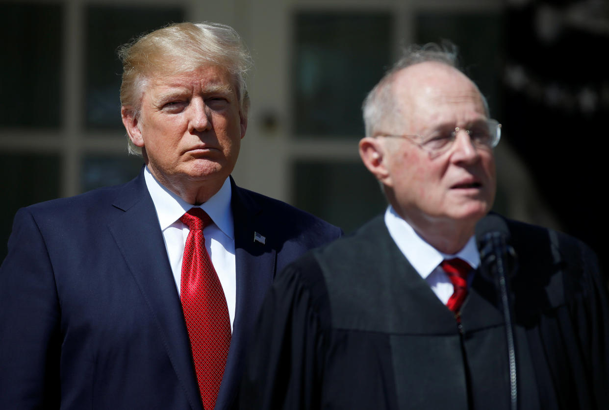 President Donald Trump listens as Justice Anthony Kennedy speaks during the swearing in ceremony for Judge Neil Gorsuch. (Photo: Joshua Roberts / Reuters)