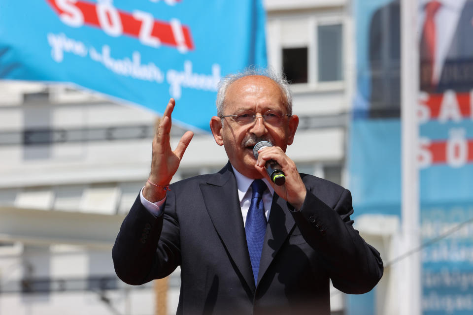 Kemal Kilicdaroglu, the leader of the Republican People's Party (CHP) and the joint presidential candidate of the Nation Alliance, attends a campaign rally in Aydin, Turkey, on May 10, 2023. / Credit: Omer Evren Atalay/Anadolu Agency via Getty Images